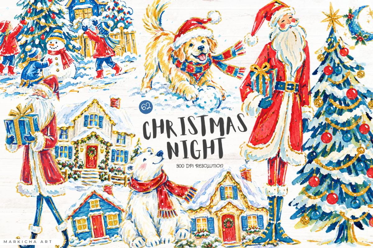 Christmas Night Clipart, a Seasonal Illustration by Markicha Art (Photo 1 of 6)