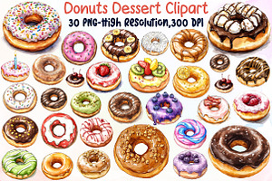 Watercolor Donuts Dessert Clipart, an Illustration by Sublimation Artist