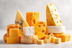 Assorted cheeses on neutral background, a Food & Drink Photo by AlyaAnd
