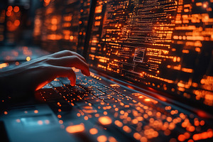 Person typing on a laptop with glowi, a Photo by Tanuart