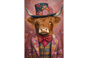 Floral Highland Cow Valentine Art, an Animal Illustration by Art Paradise Studios