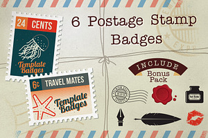 6 Postage Stamp Badges Bonus