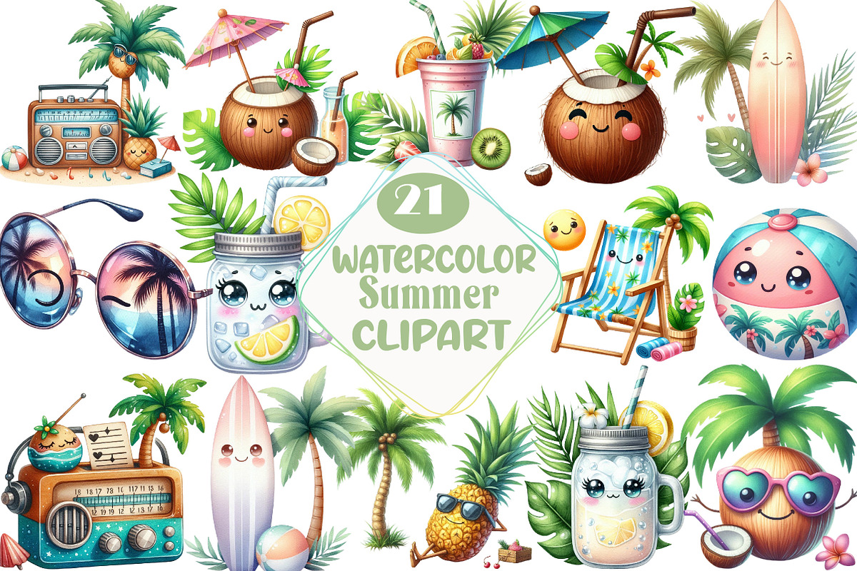 Watercolor Summer Clipart, an Illustration by DreamCafeArt (Photo 1 of 7)
