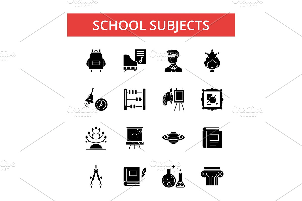 School subjects illustration, thin line icons, linear flat signs ...