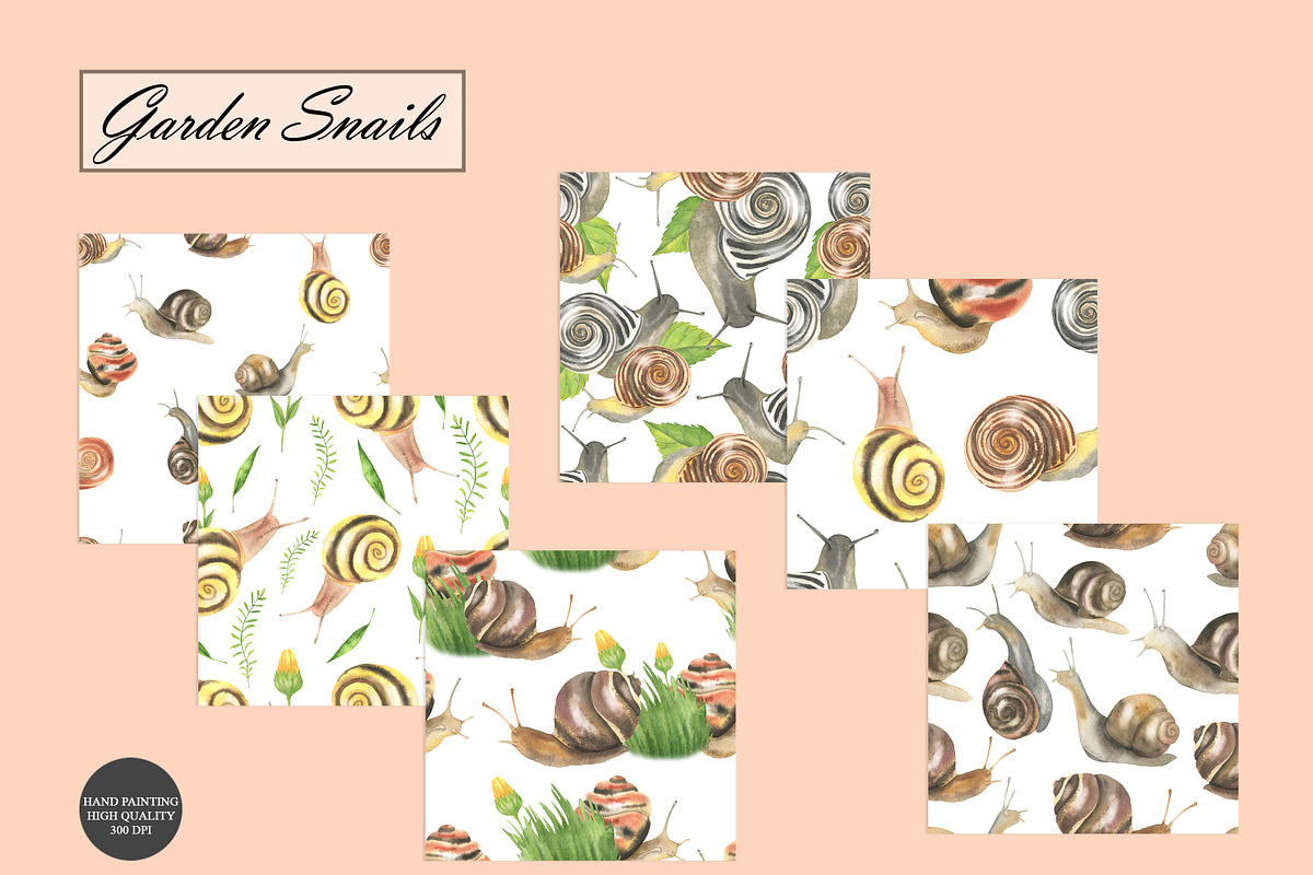 Watercolor Snail Seamless Patterns, an Animal Illustration by OlDm_Shop (Photo 8 of 10)
