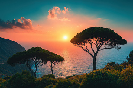 Beautiful sunset over the ocean with, a Photo by Tanuart