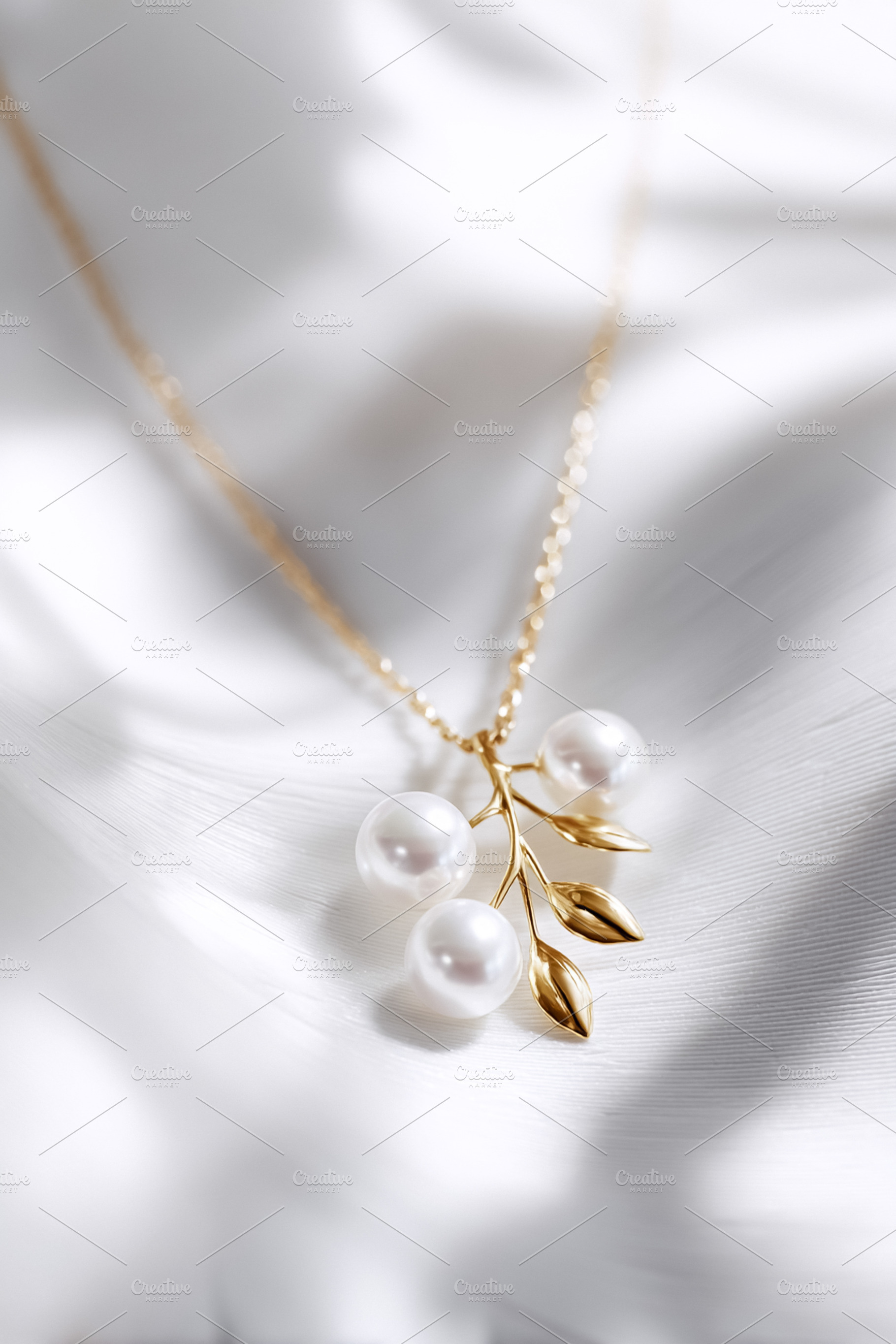 Pearl and gold leaf pendant necklace with a delicate chain on a, a Photo by Studio ANNA
