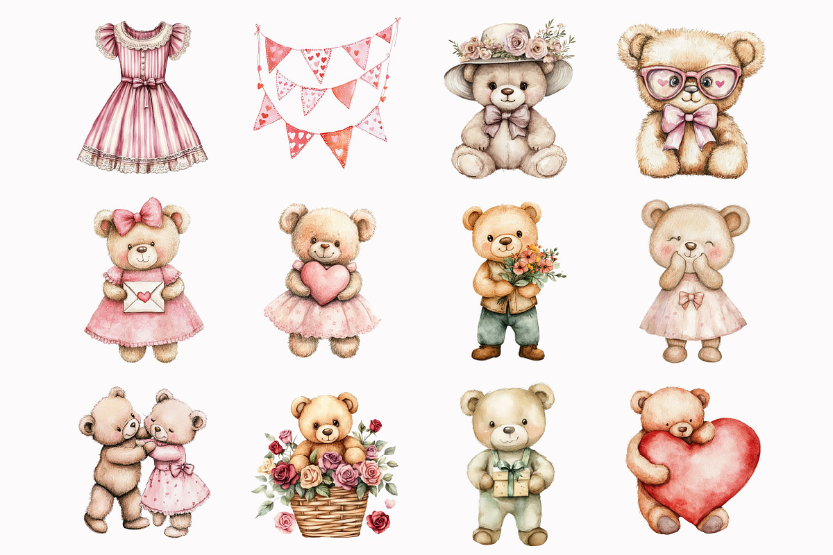 Watercolor Romantic Teddy Bears Clip, a Seasonal Illustration by Design Market (Photo 2 of 5)