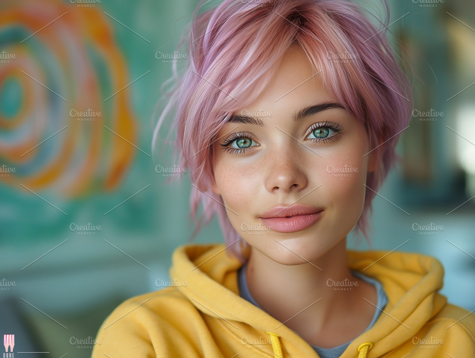 Young Caucasian woman with pink hair wearing a yellow hoodie, radiating warmth, a Person Photo by ImageMir