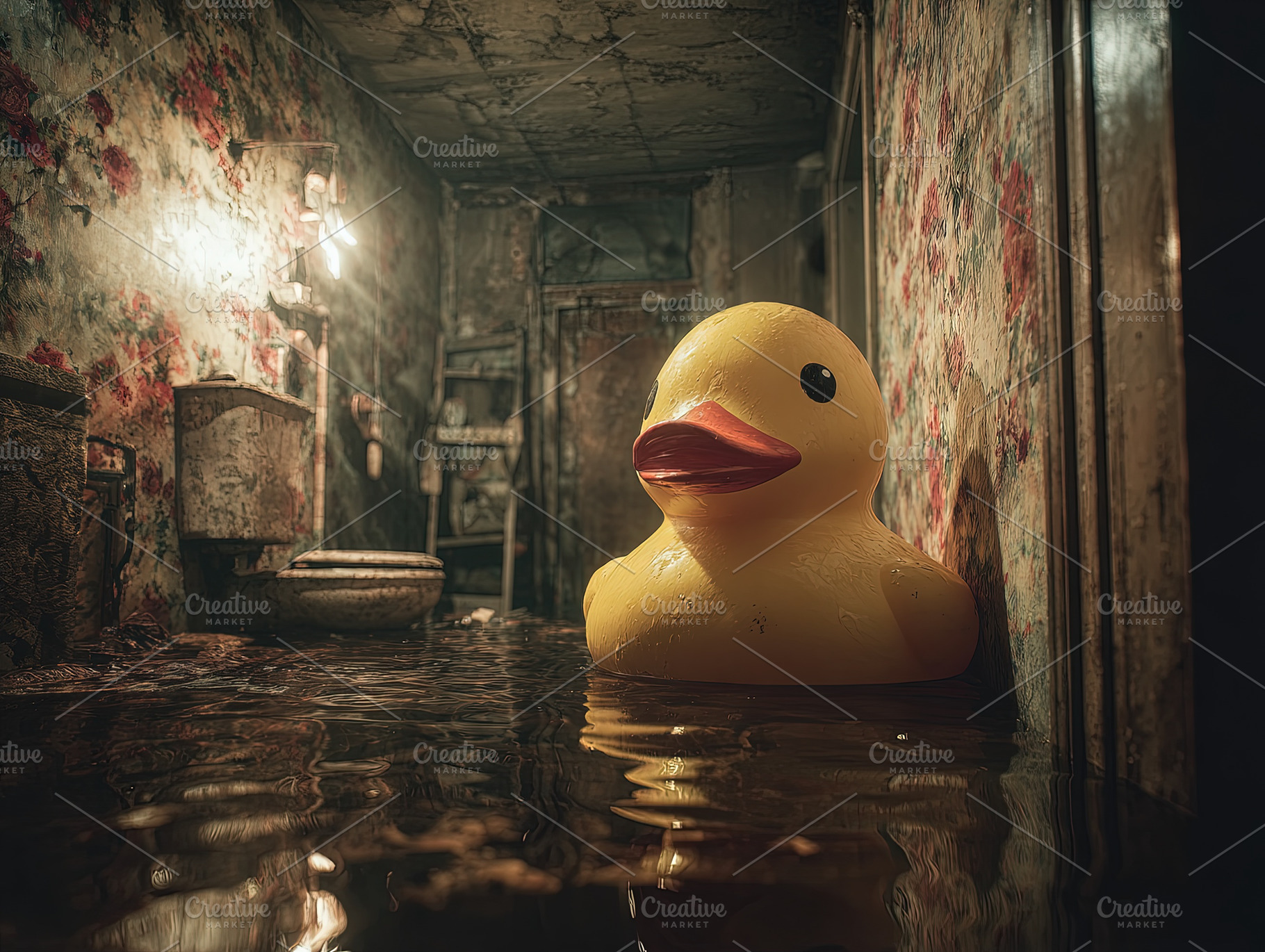 A large yellow rubber duck floats in a flooded, dilapidated room, an Abstract Photo by Ales Munt