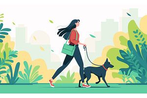 Woman walking dog. Flat female, an Animal Illustration by Stock-Smart-Start