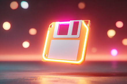 Neon floppy disk floats in colorful light against a blurred background, a Technology Photo by AlyaAnd
