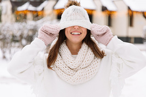Outdoor close up portrait of young b containing winter, girl, and woman