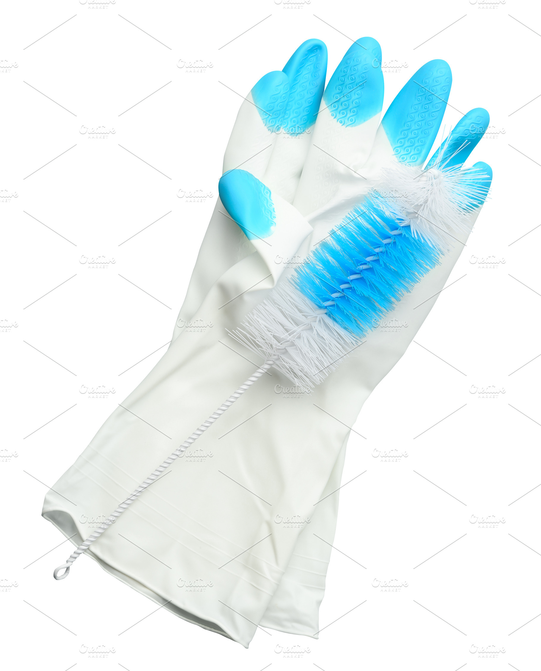 White rubber household gloves and cleaning brush, isolated backg, an Industrial Photo by ndanko