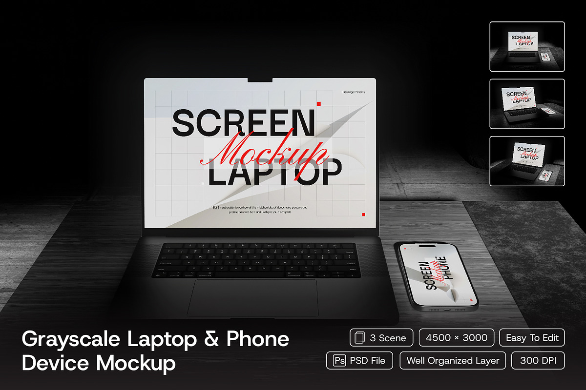 Laptop and Phone Device Mockup, a Wearable Device Mockup by herutage (Photo 1 of 4)