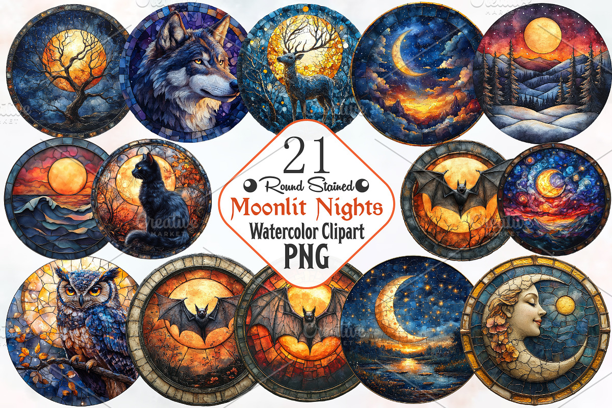 Moonlit Nights Stained Glass Clipart, an Illustration by RobertsArt (Photo 1 of 7)