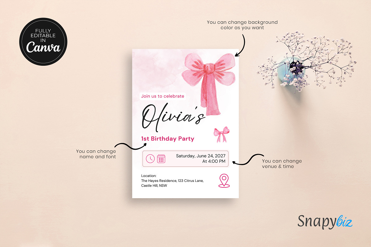 Pink Bow Birthday Invitation Canva, an Invitation Template by Snapybiz (Photo 6 of 10)