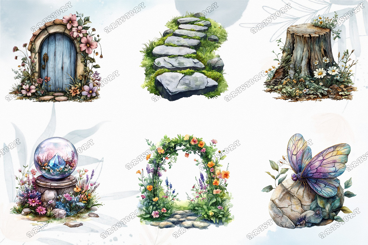 Fairy Garden Watercolor Clipart, an Illustration by designcity5 (Photo 3 of 5)