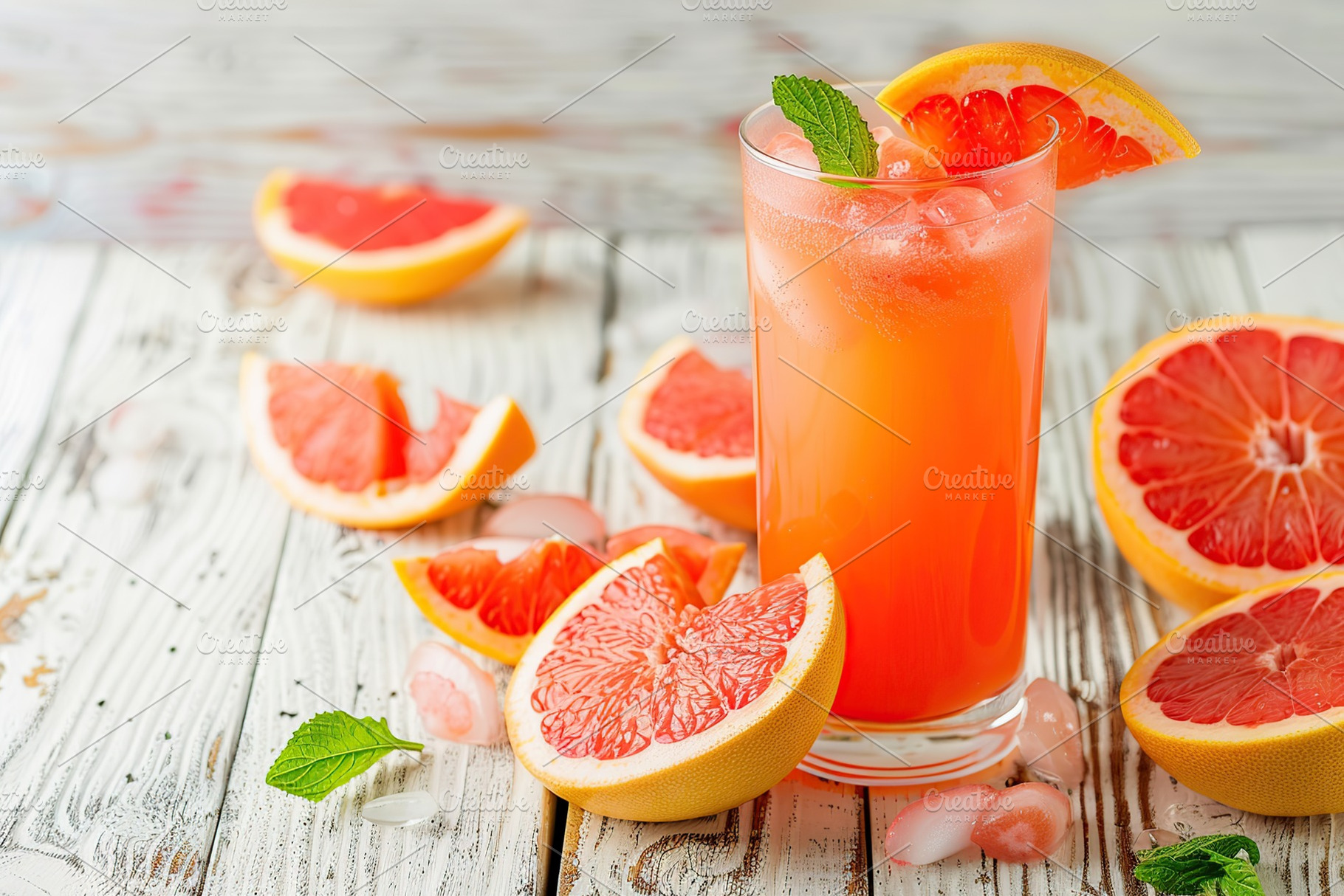 Glass of grapefruit juice with fresh fruit on wooden background, a Food & Drink Photo by AlyaAnd