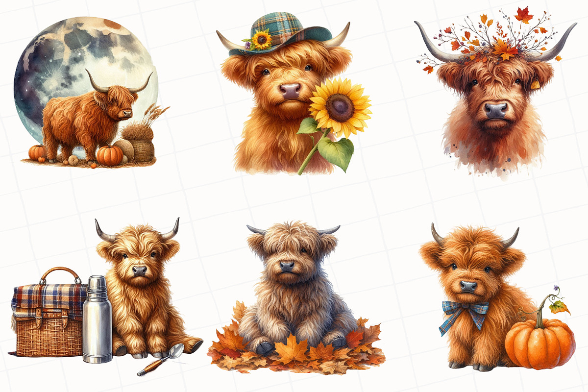 Watercolor Autumn Highland Cow, an Illustration by OK Design (Photo 3 of 5)