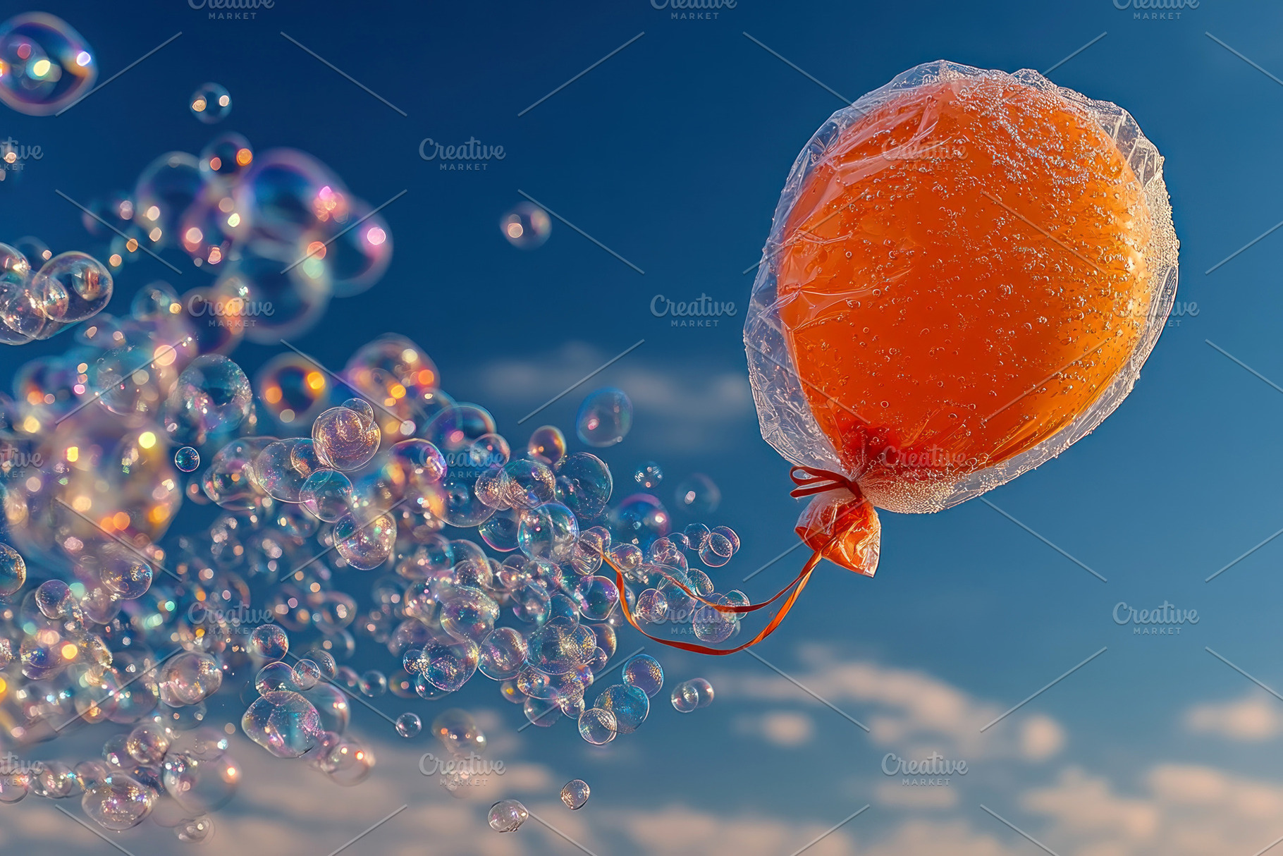 Orange balloon wrapped in plastic floating with iridescent soap, an Abstract Photo by José Manuel Gelpi