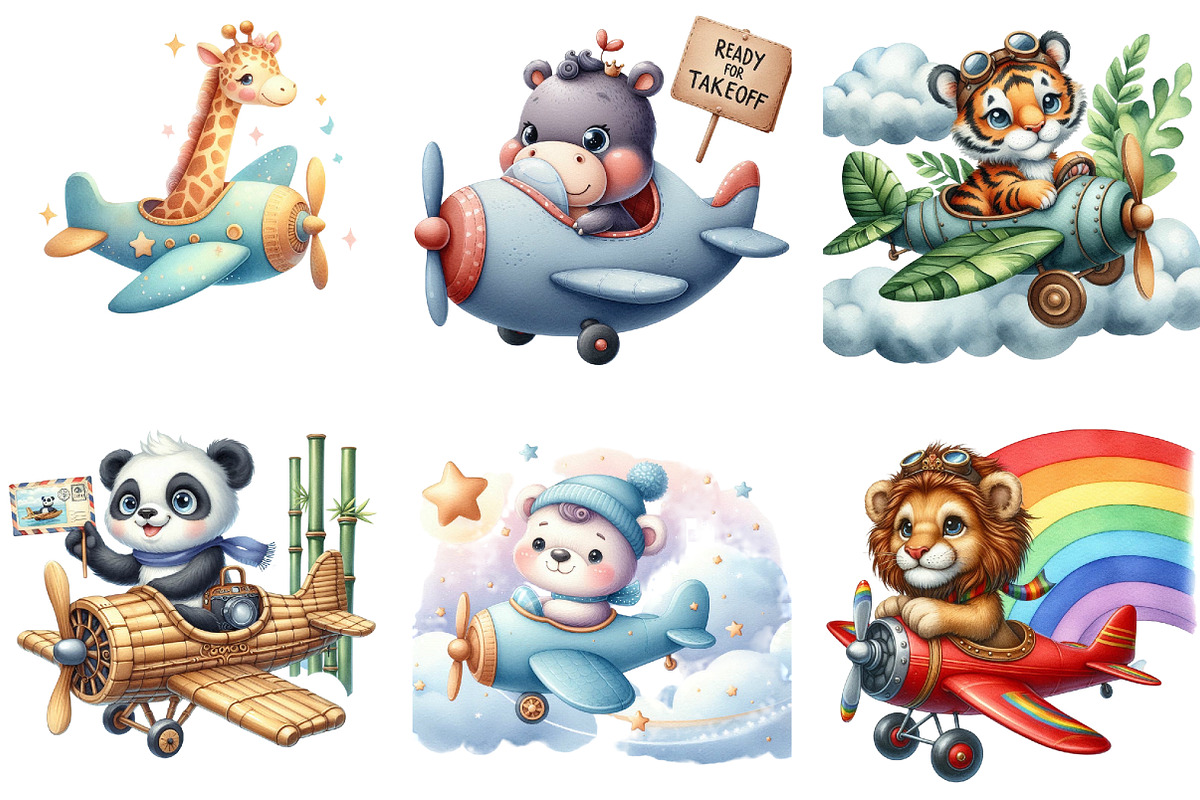 Airplane Watercolor Clipart Cute Ani, an Illustration by DreamArtGraphic (Photo 2 of 4)