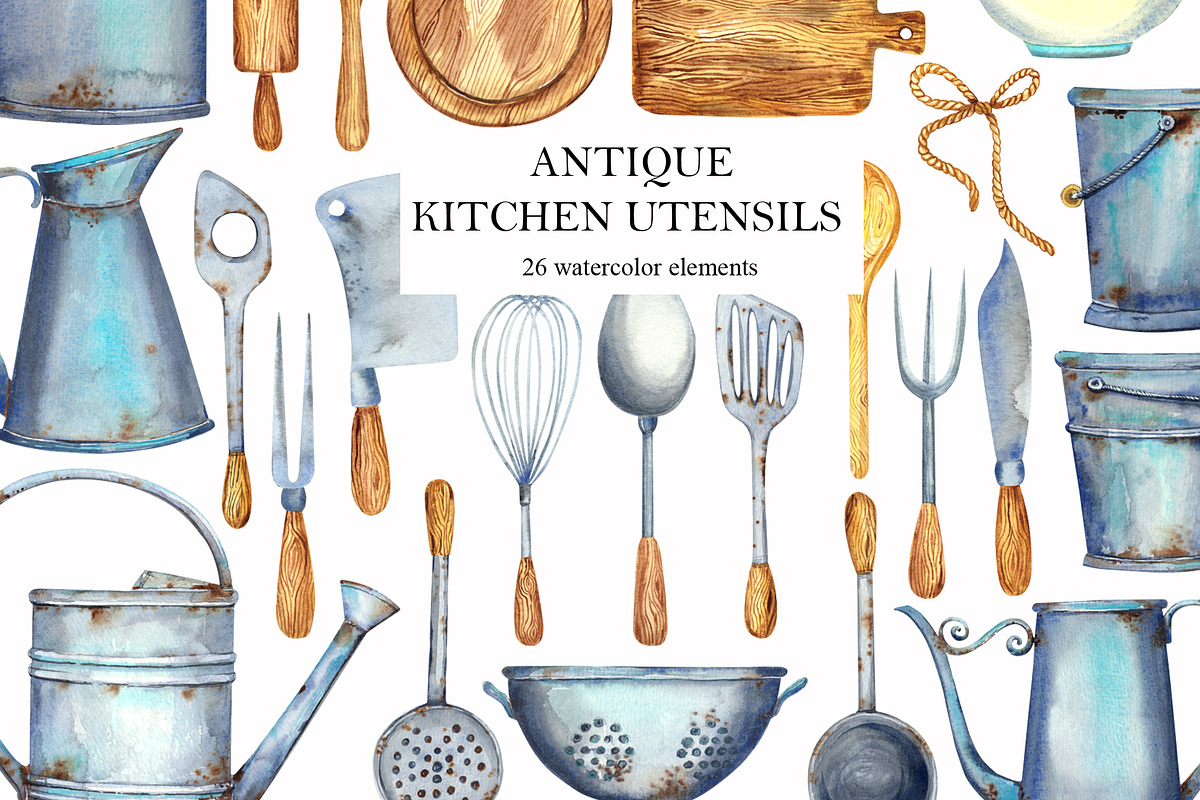 Watercolor ANTIQUE KITCHEN UTENSILS, an Object Graphic by JennyColorArt (Photo 1 of 5)