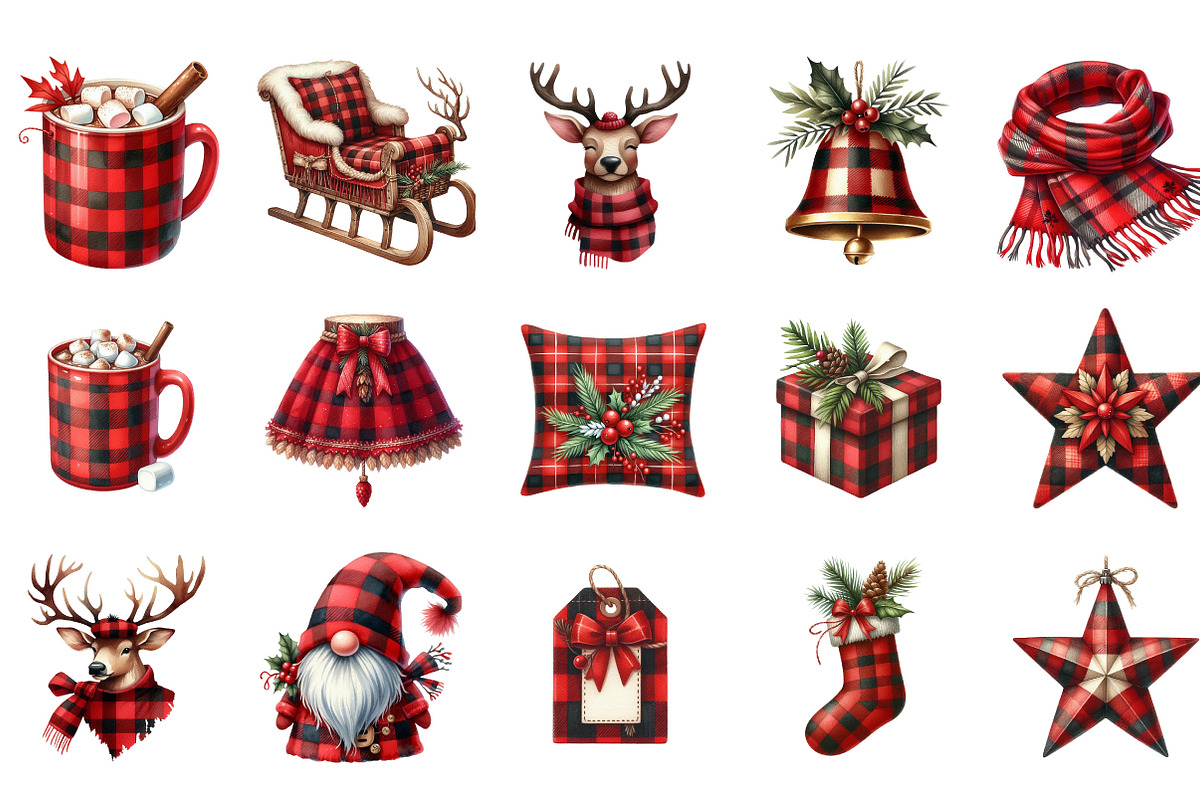 Red Buffalo Plaid Christmas Clipart, an Illustration by Designking (Photo 3 of 5)