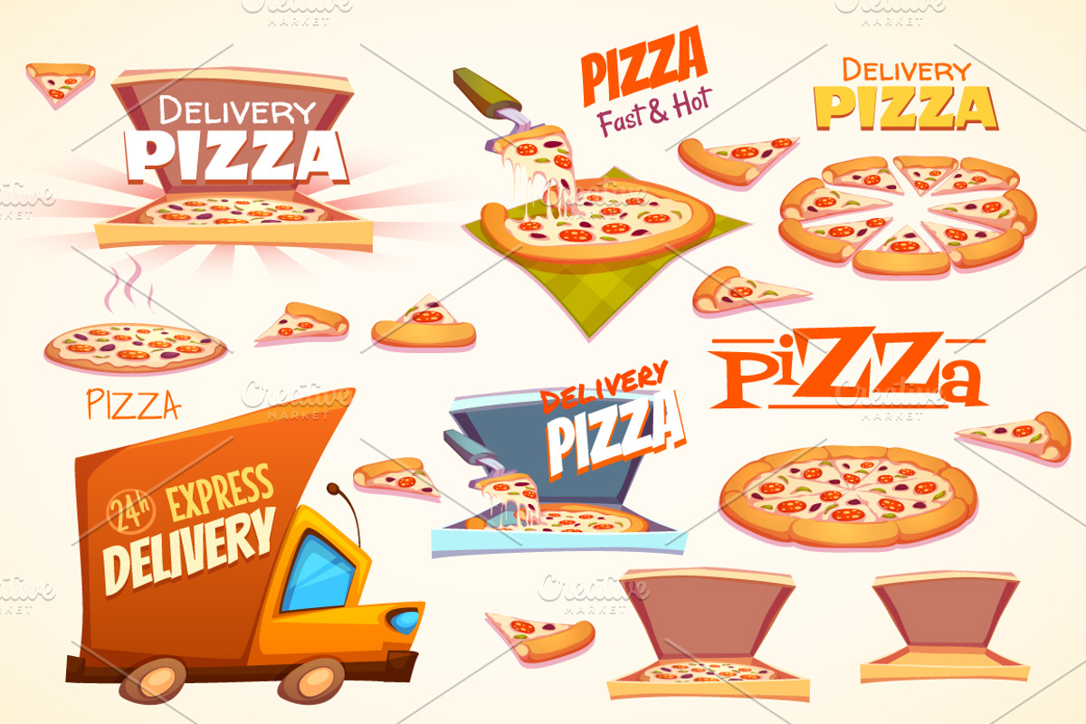 Vector set of Pizza design elements, a Food Illustration by Cattleya (Photo 3 of 4)
