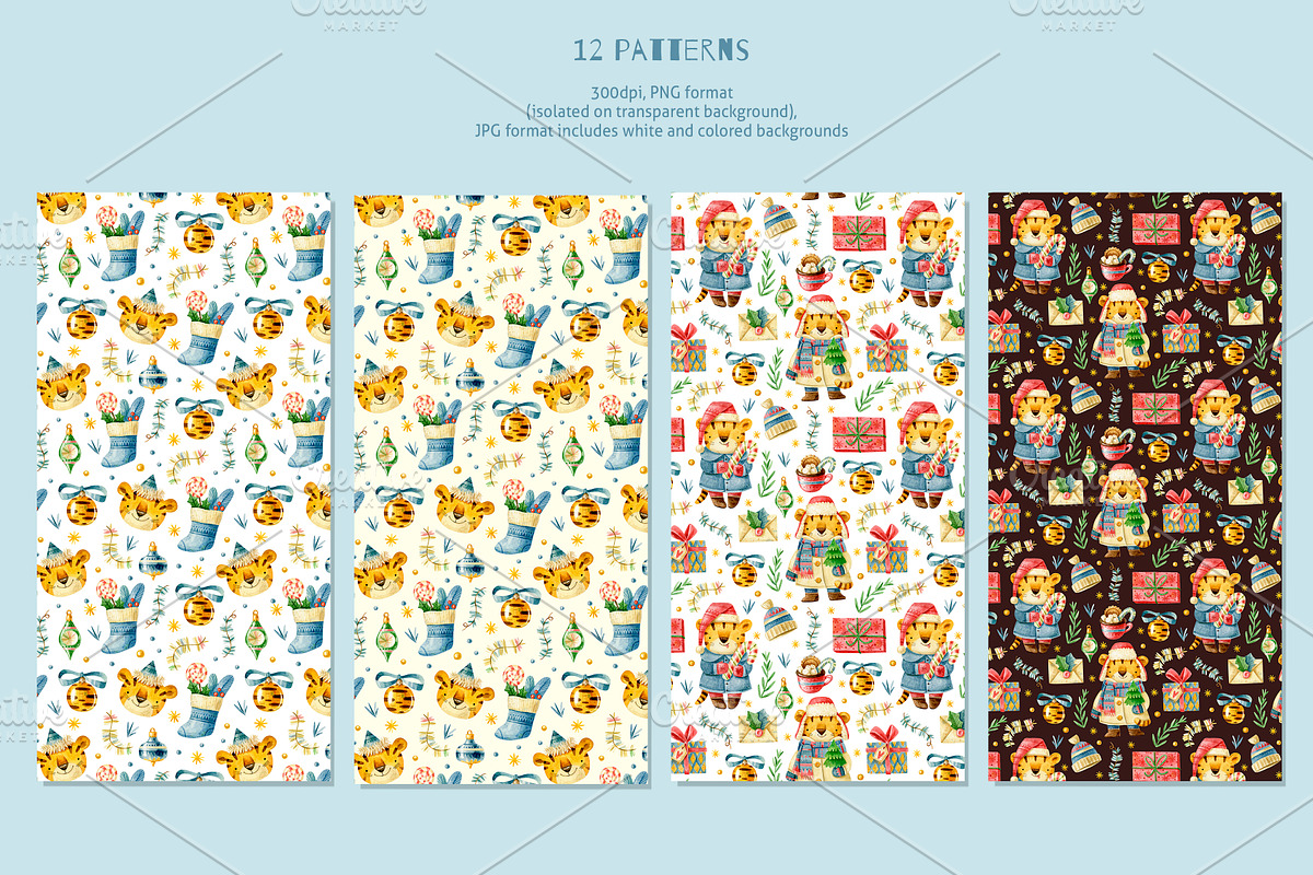 Christmas tigers. New Year cute set., an Animal Illustration by babenkoirusa (Photo 5 of 17)