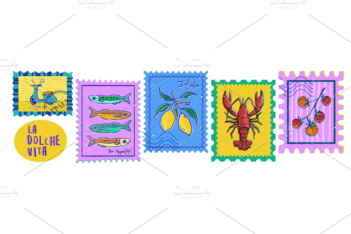 Amalfi summer stamps with colorful, an Illustration by art PVP - market
