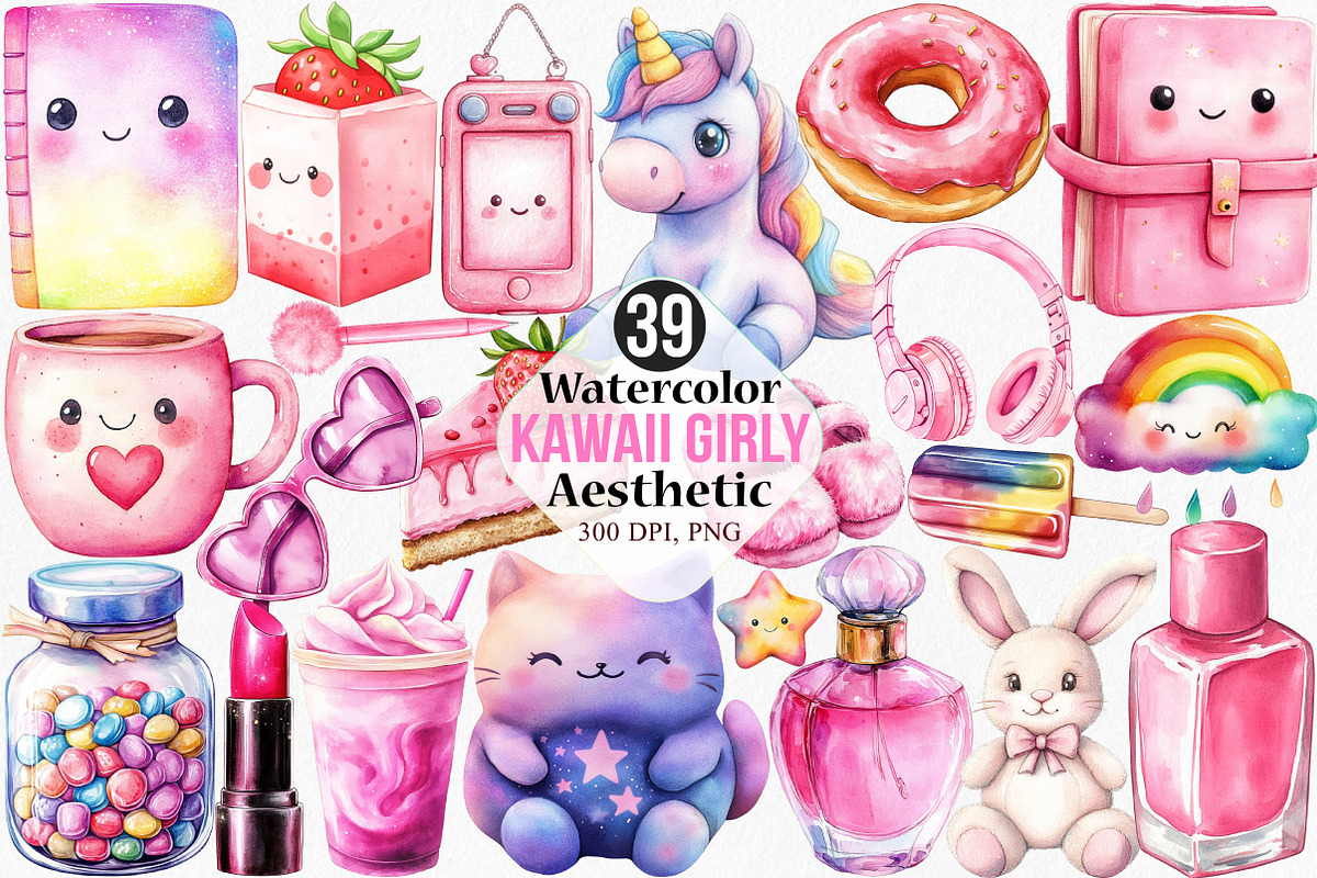 Watercolor Kawaii Girly Aesthetic, an Illustration by Canvas Craft (Photo 1 of 7)