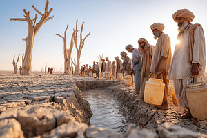Villagers gather by a dry riverbed to collect precious water during a severe dr, a Photo by AlyaAnd