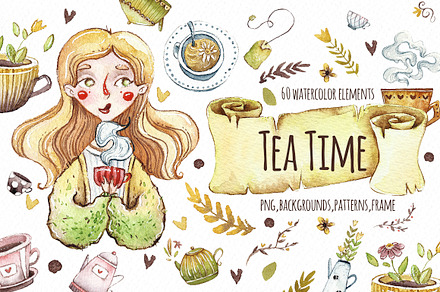 Watercolor images. Tea time