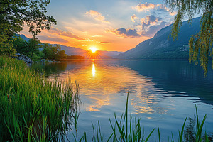 Sunset over a tranquil lake with reflections and vibrant colors, a Nature Photo by AlyaAnd