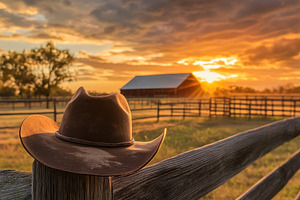 Cowboy hat rests on rustic wooden, a Photo by Pavel_design