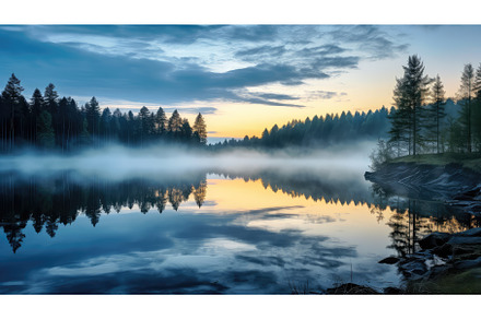 lake peaceful dawn mist landscape ai, a Nature Photo by pikepicture
