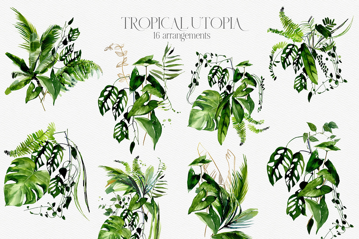 Tropical Greenery Watercolor Clipart, an Illustration by whiteheartdesign (Photo 3 of 22)