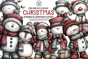 Whimsical Christmas Snowman Clipart, an Illustration by cherrydesign