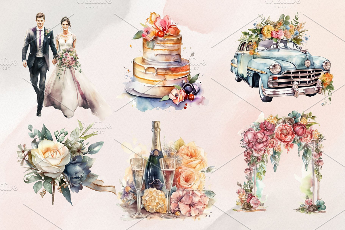 15Watercolor Wedding Clipart PNG Set, an Illustration by Jalina Clipart Studio (Photo 3 of 7)