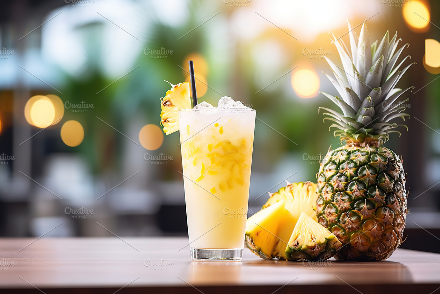 Sliced pineapples and glass of juice on blurred background, a Food & Drink Photo by AlyaAnd