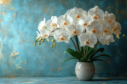 Beautiful white orchids in a decorat, a Photo by Tanuart