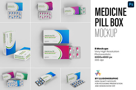 Medicine Pill Box Mockup - 8 views, a Packaging Mockup by Illusiongraphic
