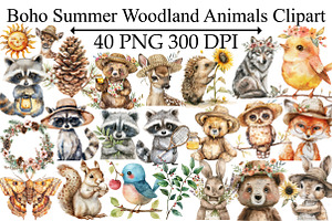 Boho Summer Woodland Animals Clipart, an Illustration by Design Market