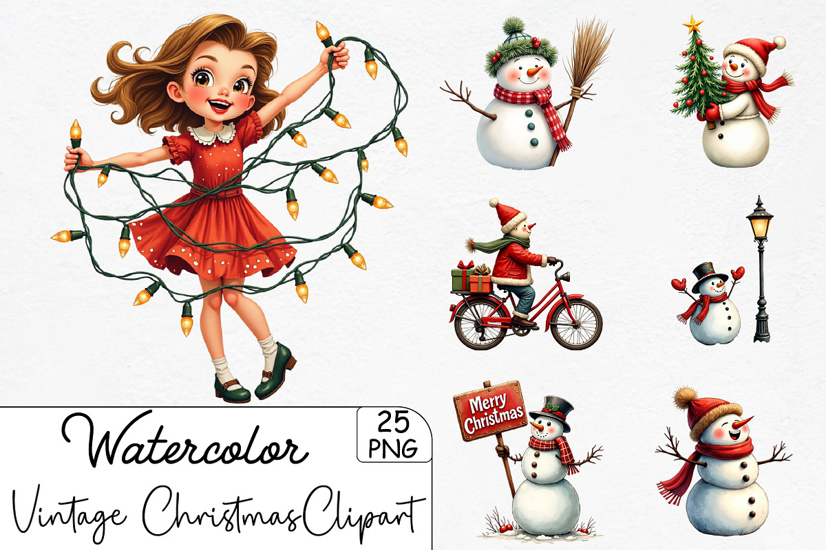 Vintage Christmas Snowman Clipart, an Illustration by CrexoraLab (Photo 1 of 5)