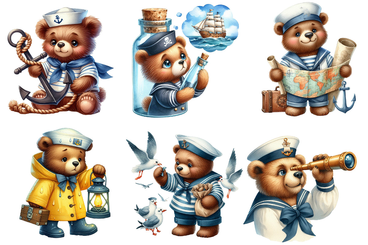 Bear Sailor Clipart,Nautical Clipart, an Illustration by Watercolor design (Photo 3 of 4)