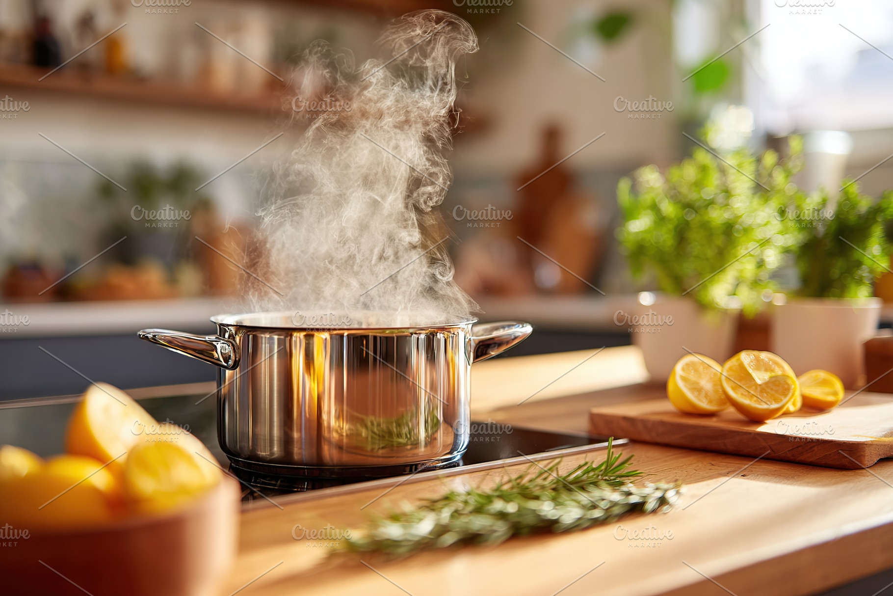 Cooking on the stove with fresh herbs and lemons in a bright kitchen, a Food & Drink Photo by AlyaAnd