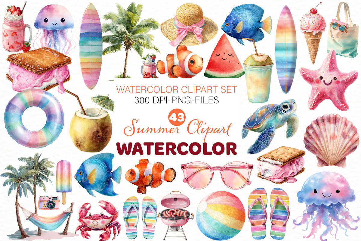 Watercolor Summer Clipart, an Illustration by Designworld (Photo 1 of 5)