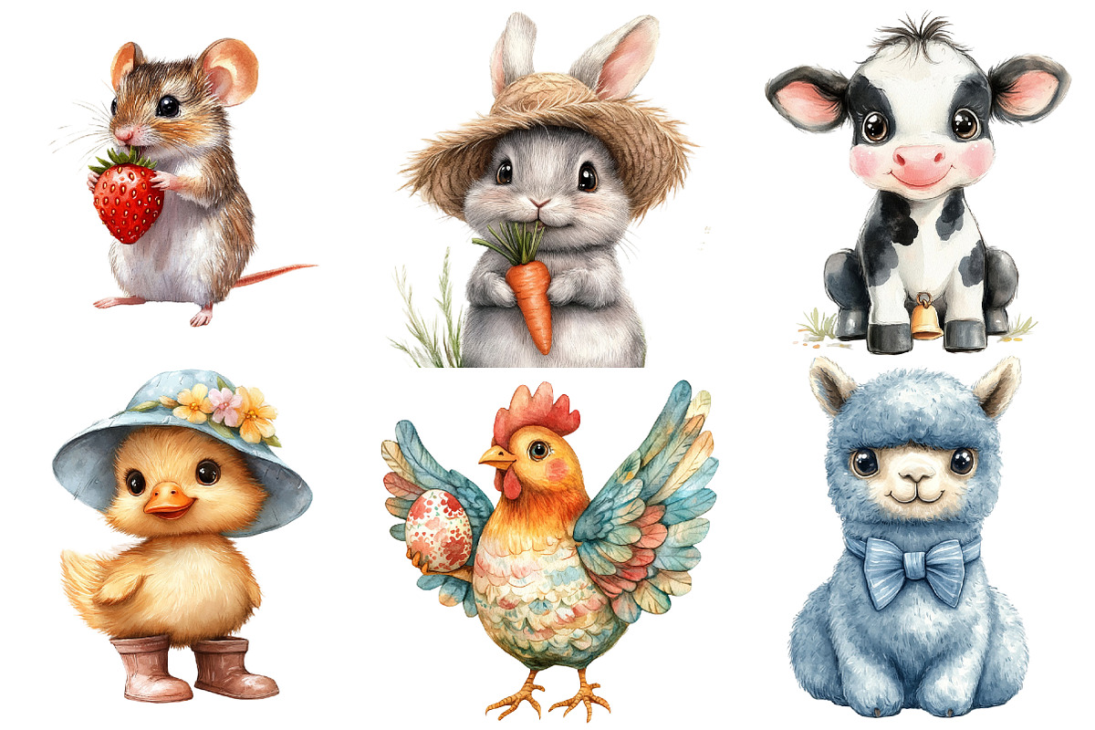 Cute Farm Animals Watercolor Clipart, an Illustration by Watercolor design (Photo 2 of 4)