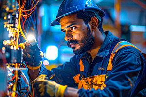 Electrician repairing an electrical fault during a power outage, a Person Photo by DanFLCreativo
